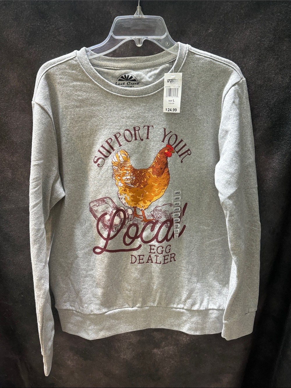 Women's Chicken Graphic Sweatshirt Gray 'Support Your Local Egg Dealer' Sz Large